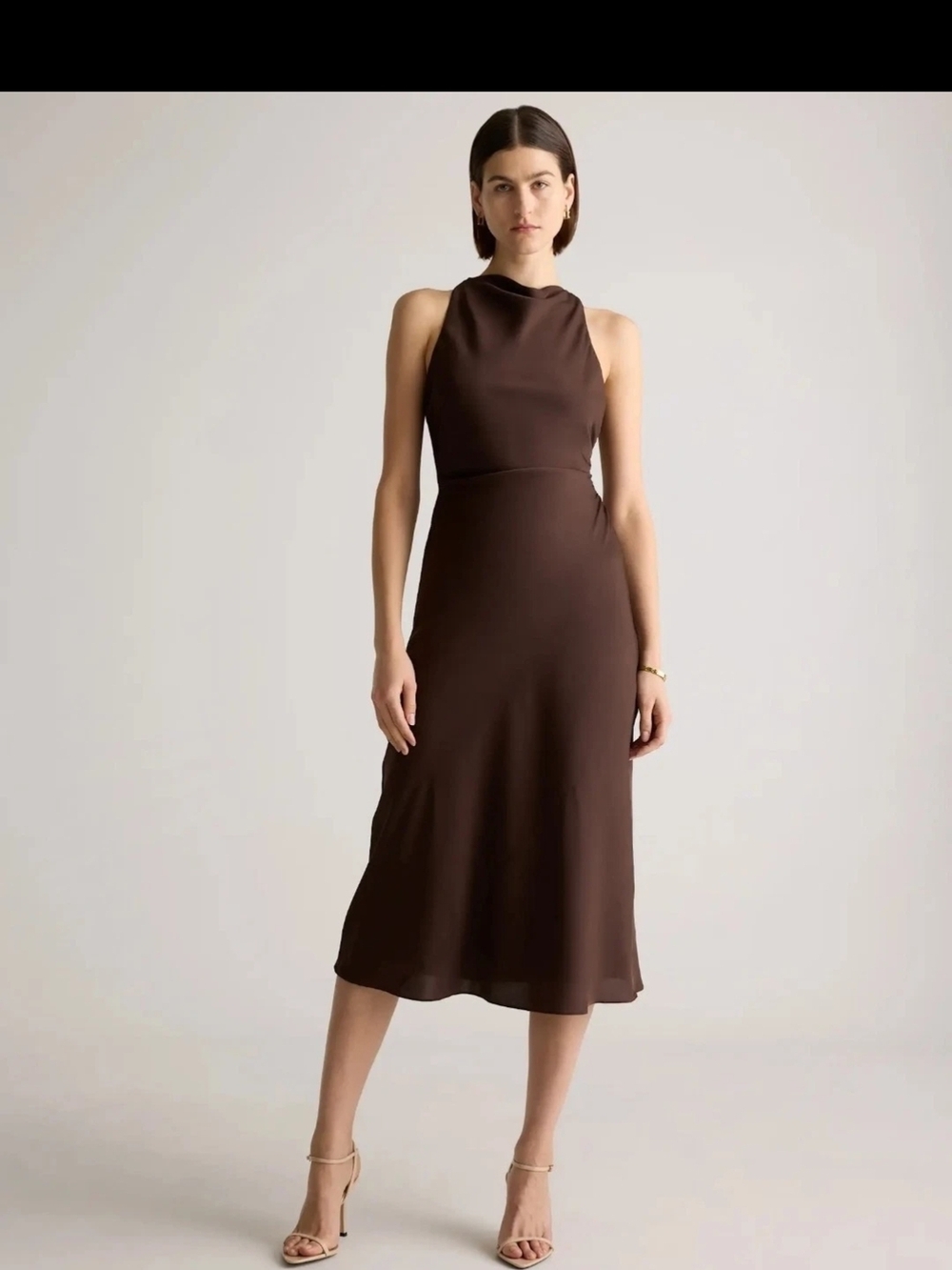 Quince Washable Stretch Silk High Neck Midi Dress, Medium, Hot Fudge, NWT
